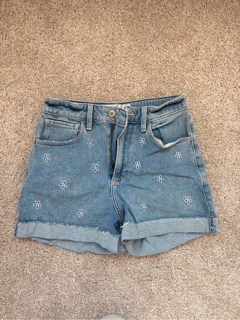 Hollister Light Blue Denim Shorts with White Flower Embroidery